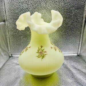 Fenton Custard and Pink Floral Ruffled Glass Vase
